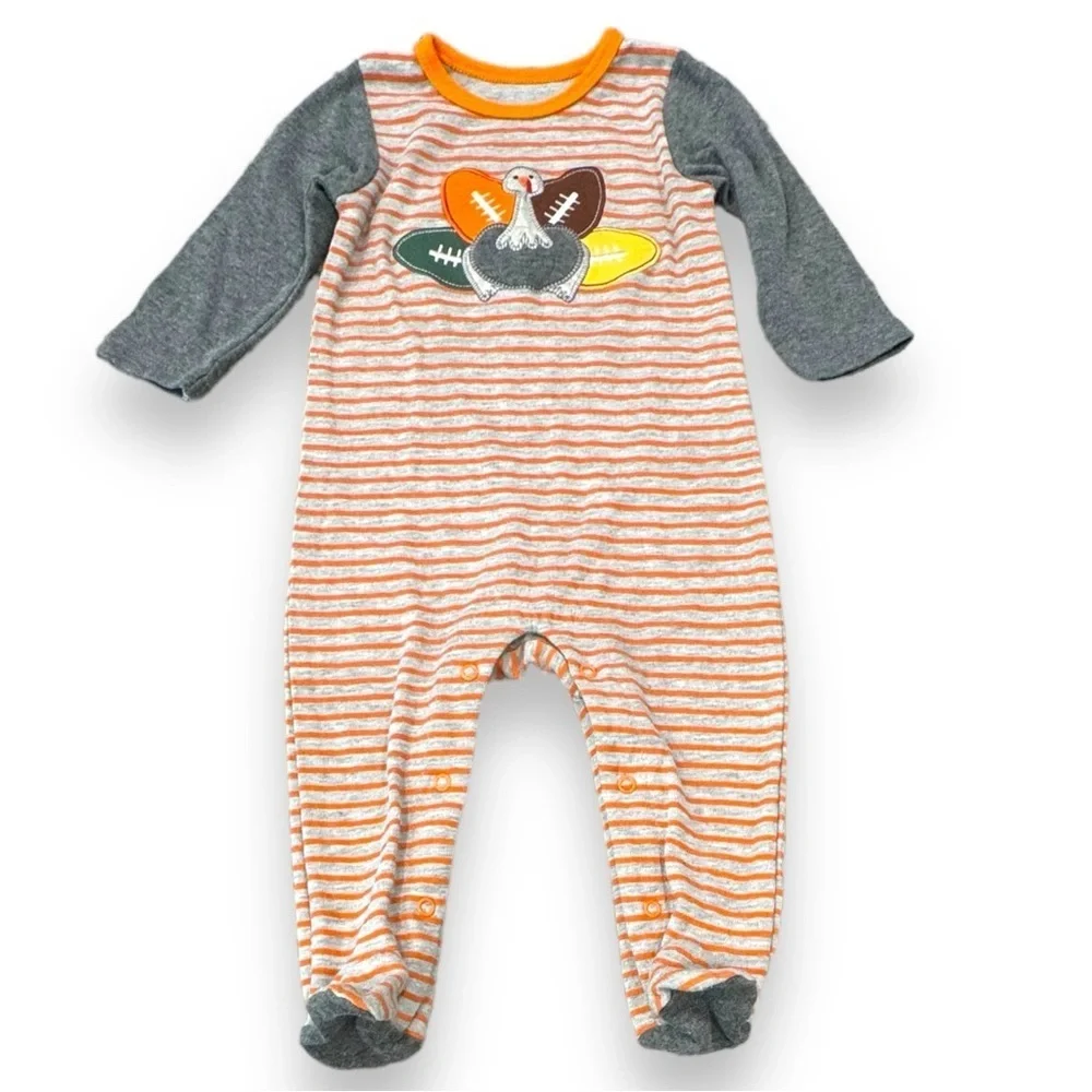 Boys 9M Appliqué Thanksgiving Football Footed Coverall